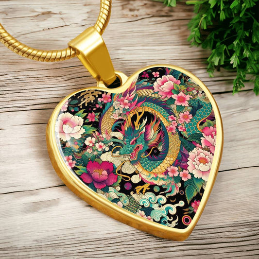 Dragon Heart Pendant - Japanese Kimono-Inspired Necklace, Gold-Plated, Elegant Dragon Jewelry, Unique Gift, Floral Dragon Pendant