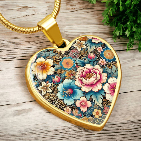 Japanese Kimono Floral Heart Pendant - Gold-Plated Necklace, Elegant Sakura Peony Design, Customizable Jewelry Gift, Artistic Accessory