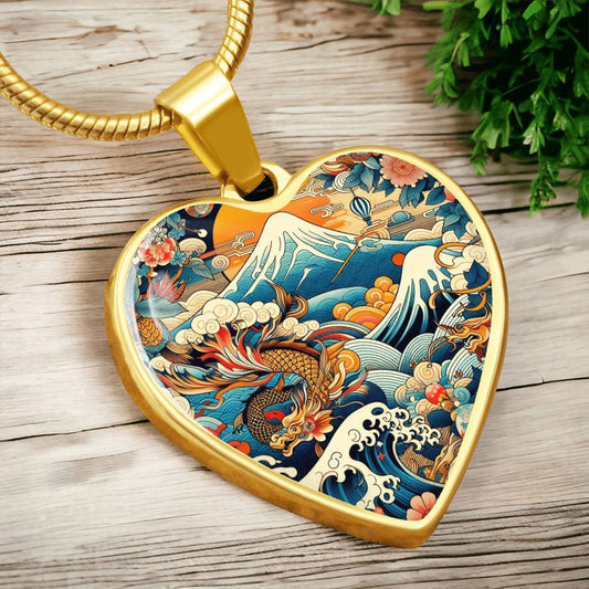 Japanese Art Heart Pendant Necklace - Great Wave & Dragon Design, Hokusai-Inspired Jewelry, Gold Plated Necklace, Unique Gift for Her