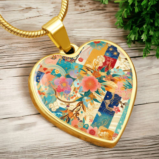 Japanese Kimono Patchwork Heart Pendant - Gold-Plated Necklace, Artistic Floral Design, Customizable Jewelry Gift for Her