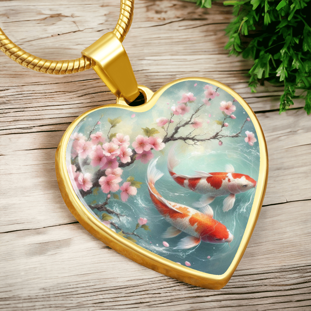 Koi Fish Heart Necklace | Customizable Pendant, Cherry Blossom Design, Japanese Art Jewelry, Unique Gift for Her