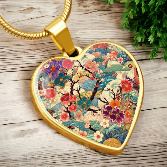 Kimono-Inspired Floral Heart Necklace - Gold Plated Pendant, Japanese Cherry Blossom Jewelry, Artistic Sakura Design