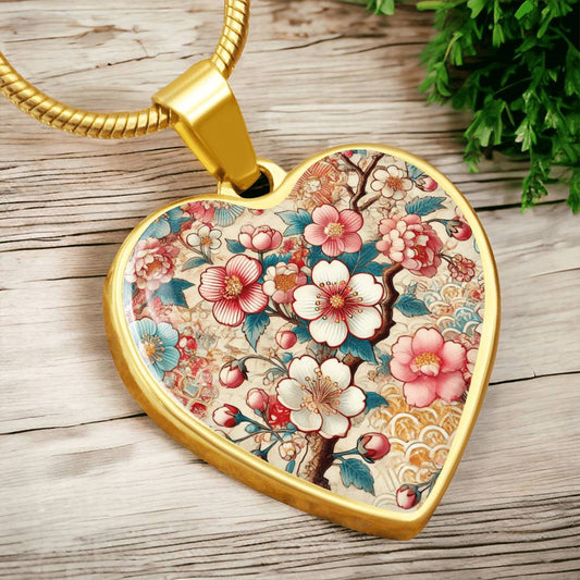 Sakura Blossom Gold Heart Pendant - Japanese Kimono Floral Necklace, Customizable Jewelry, Elegant Sakura Design Gift for Her