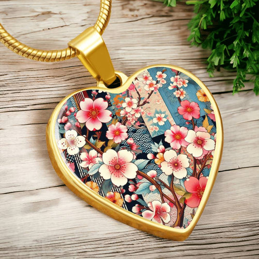 Cherry Blossom Heart Pendant - Japanese Kimono-Inspired Necklace, Gold-Plated Floral Jewelry, Elegant Sakura Gift, Customizable Pendant