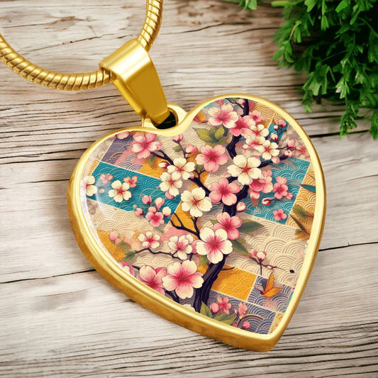 Kimono-Inspired Cherry Blossom Pendant Necklace - Gold Plated Heart Necklace, Japanese Art Jewelry, Elegant Sakura Design