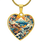 Japanese Art Heart Pendant Necklace - Great Wave & Dragon Design, Hokusai-Inspired Jewelry, Gold Plated Necklace, Unique Gift for Her