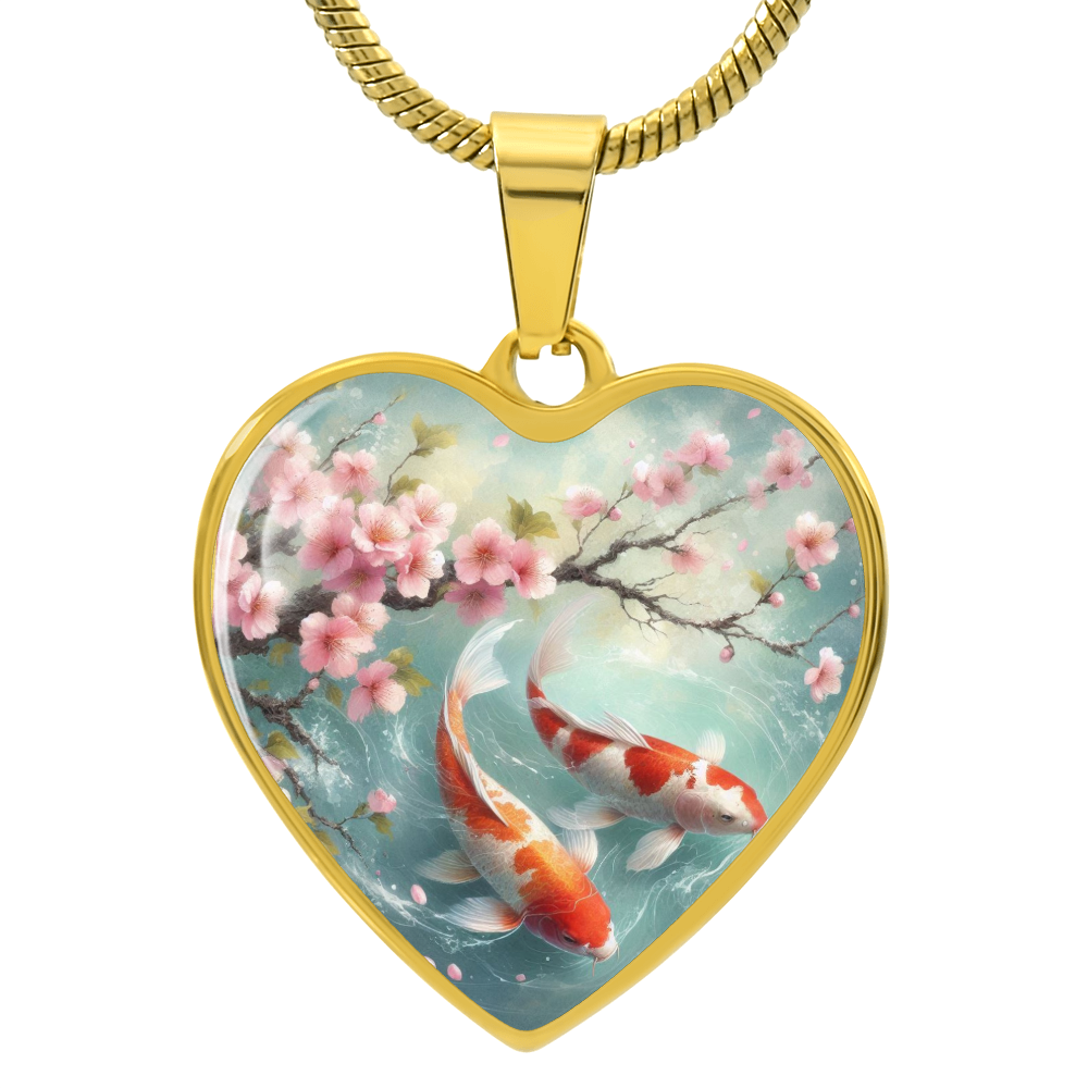 Koi Fish Heart Necklace | Customizable Pendant, Cherry Blossom Design, Japanese Art Jewelry, Unique Gift for Her