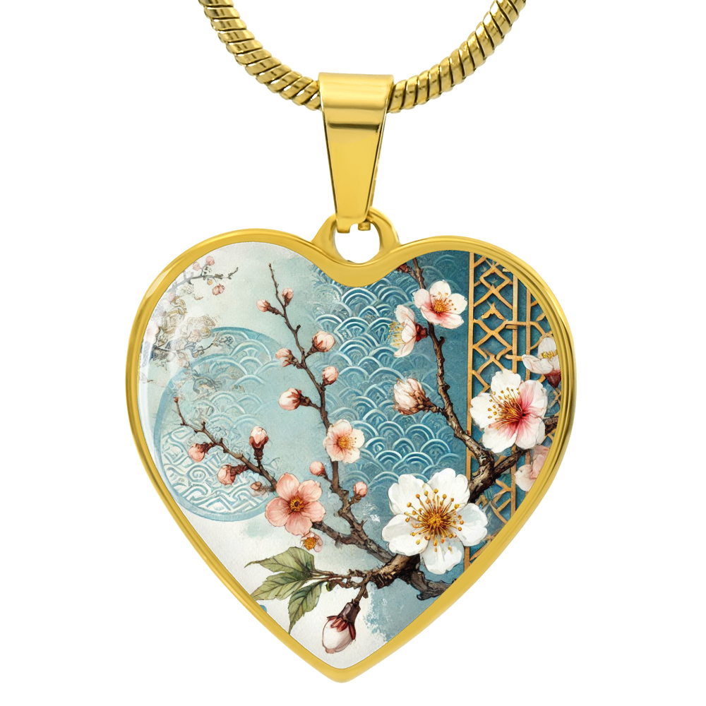 Blue Sakura Heart Necklace | Customizable Pendant, Japanese Art Jewelry, Cherry Blossom Keepsake, Elegant Gift for Her