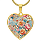 Kimono-Inspired Heart Necklace - Gold Plated Pendant, Japanese Floral Jewelry, Artistic Peony & Cherry Blossom Design