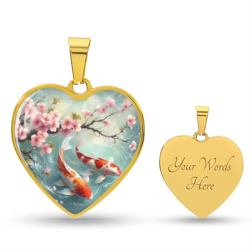 Koi Fish Heart Necklace | Customizable Pendant, Cherry Blossom Design, Japanese Art Jewelry, Unique Gift for Her