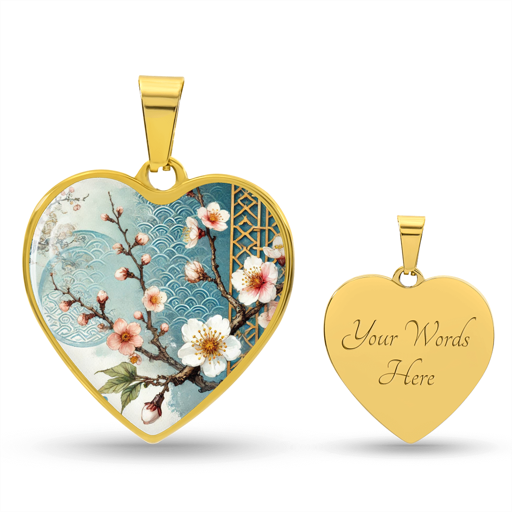 Blue Sakura Heart Necklace | Customizable Pendant, Japanese Art Jewelry, Cherry Blossom Keepsake, Elegant Gift for Her