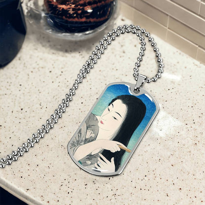 Elegant Japanese Ukiyo-e Necklace - Woman Brushing Hair by Hashiguchi Goyo, Artistic Dog Tag Pendant, Customizable Jewelry Gift