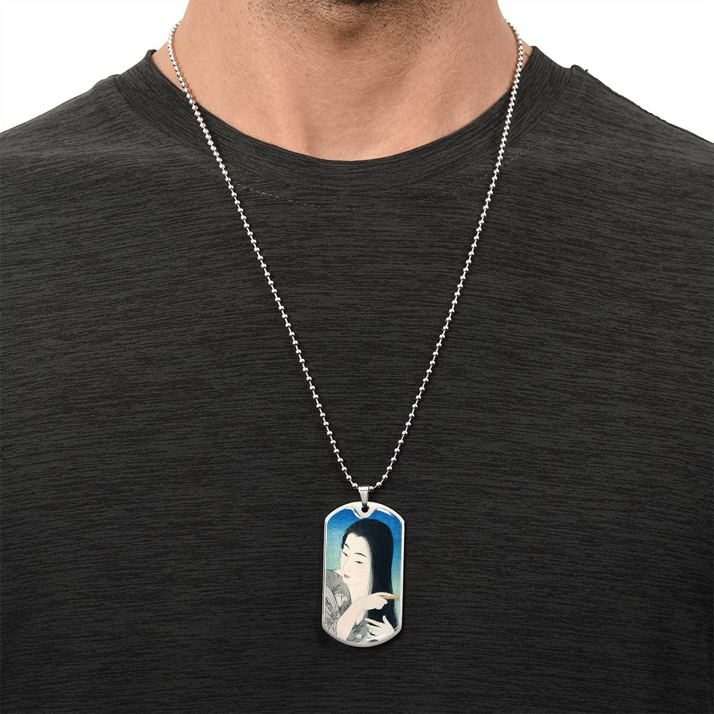 Elegant Japanese Ukiyo-e Necklace - Woman Brushing Hair by Hashiguchi Goyo, Artistic Dog Tag Pendant, Customizable Jewelry Gift