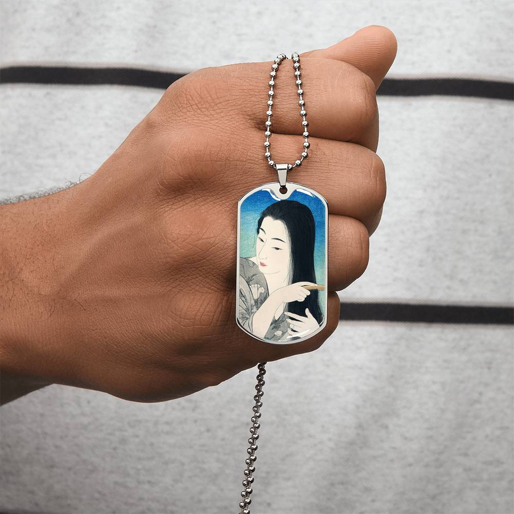 Elegant Japanese Ukiyo-e Necklace - Woman Brushing Hair by Hashiguchi Goyo, Artistic Dog Tag Pendant, Customizable Jewelry Gift