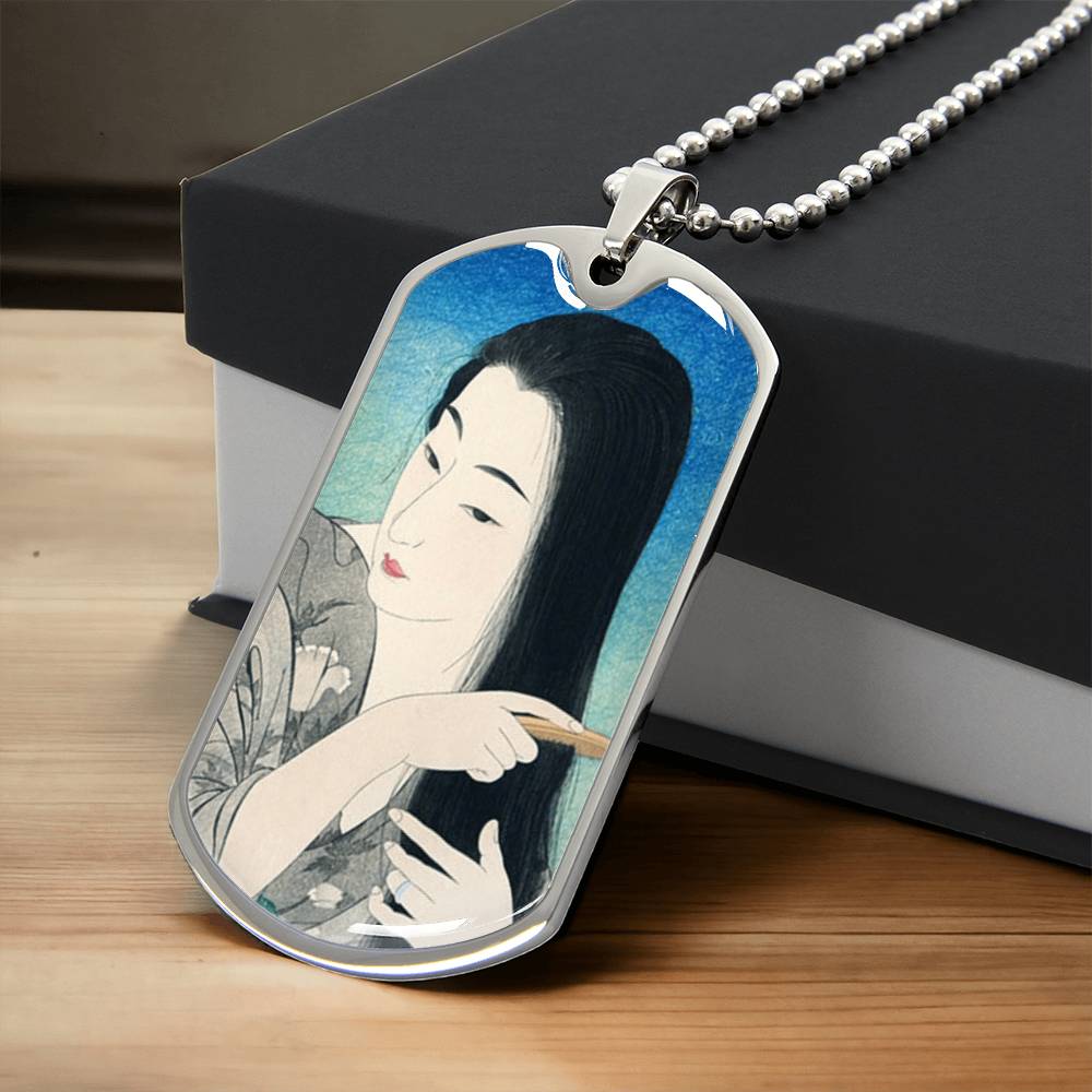 Elegant Japanese Ukiyo-e Necklace - Woman Brushing Hair by Hashiguchi Goyo, Artistic Dog Tag Pendant, Customizable Jewelry Gift