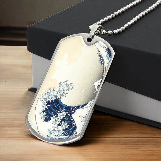 Great Wave Dog Tag Necklace - Japanese Art-Inspired Pendant, Customizable Luxury Jewelry, Hokusai Wave Design, Stainless Steel Necklace