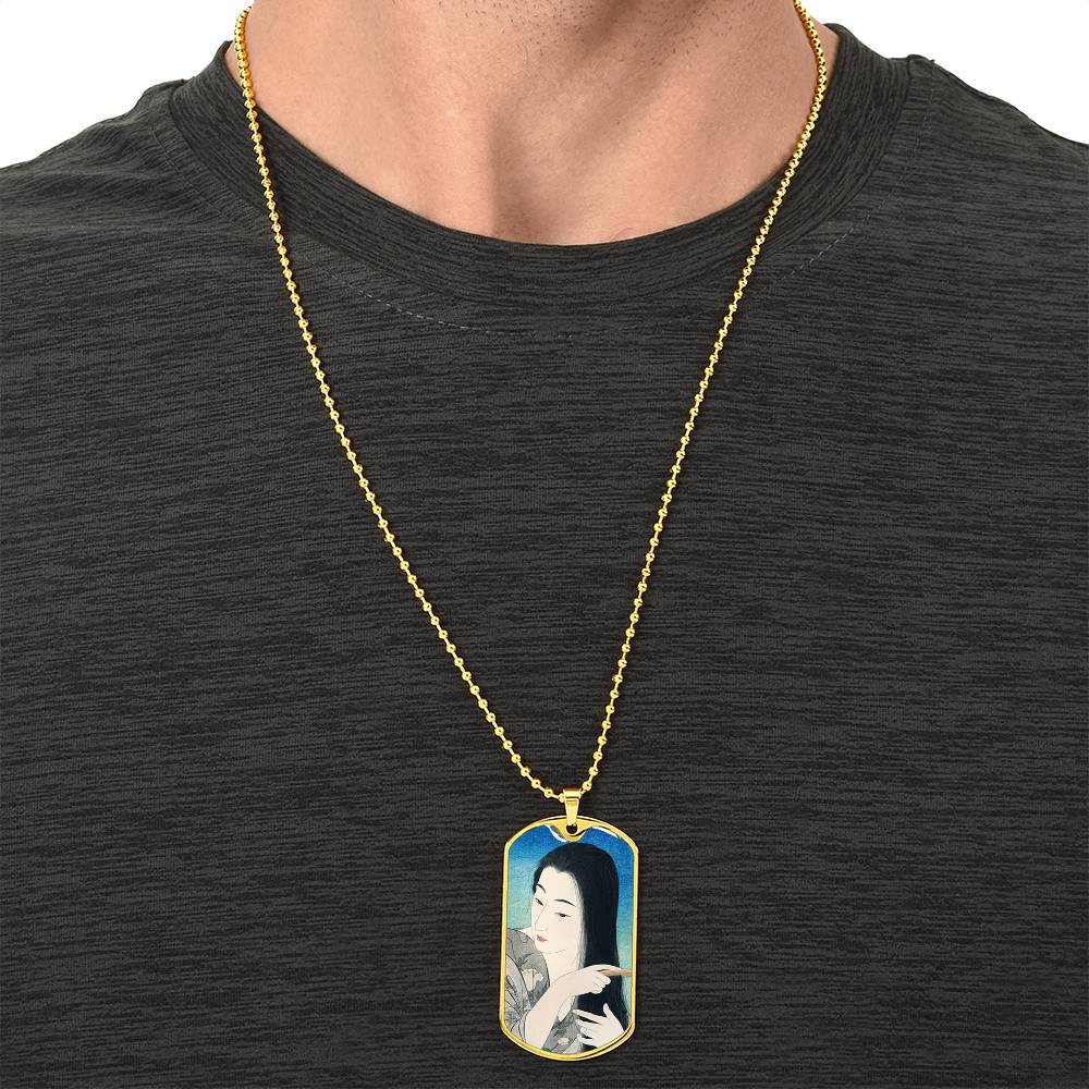 Elegant Japanese Ukiyo-e Necklace - Woman Brushing Hair by Hashiguchi Goyo, Artistic Dog Tag Pendant, Customizable Jewelry Gift