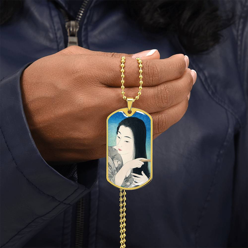 Elegant Japanese Ukiyo-e Necklace - Woman Brushing Hair by Hashiguchi Goyo, Artistic Dog Tag Pendant, Customizable Jewelry Gift