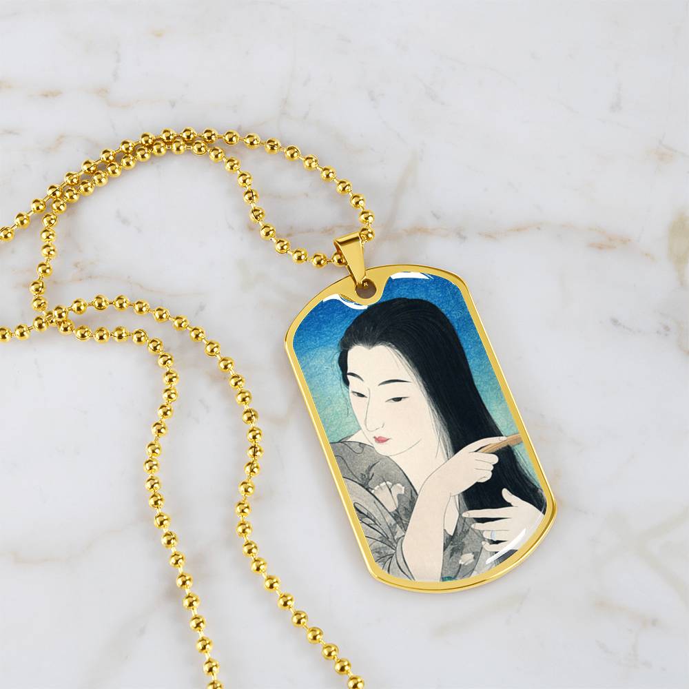 Elegant Japanese Ukiyo-e Necklace - Woman Brushing Hair by Hashiguchi Goyo, Artistic Dog Tag Pendant, Customizable Jewelry Gift