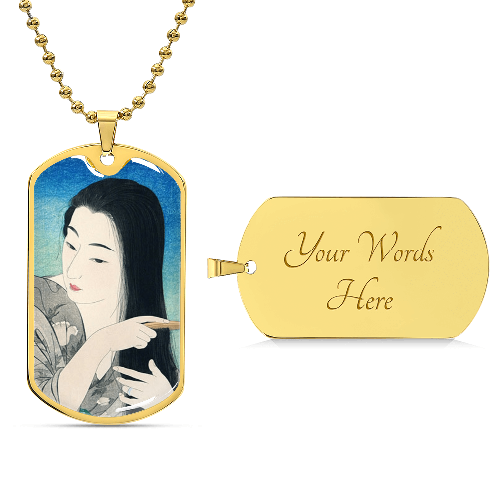 Elegant Japanese Ukiyo-e Necklace - Woman Brushing Hair by Hashiguchi Goyo, Artistic Dog Tag Pendant, Customizable Jewelry Gift